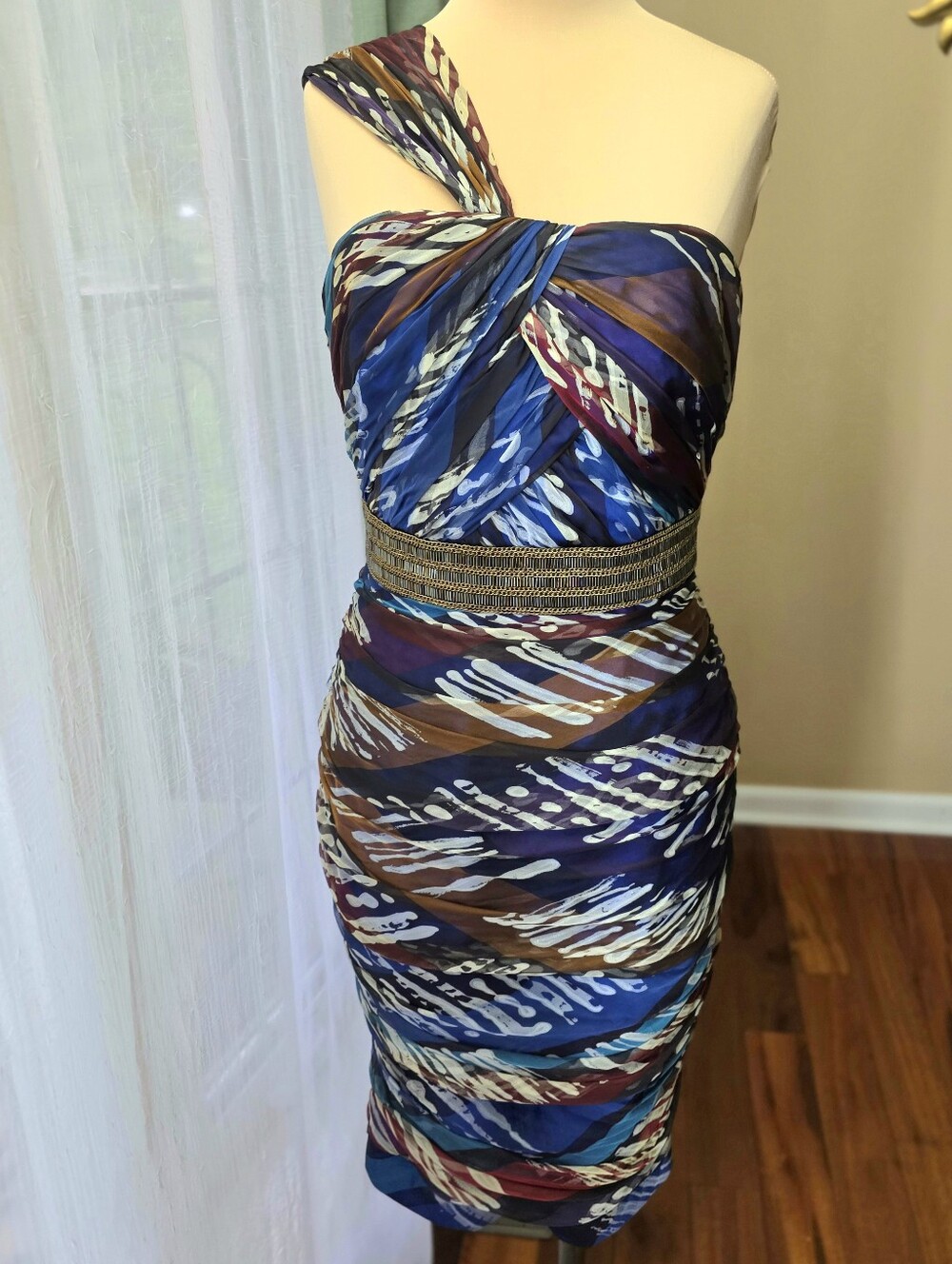 Carmen Marc Valvo Collection Silk One Shoulder Ruched Beaded Corset Dress Sz 8